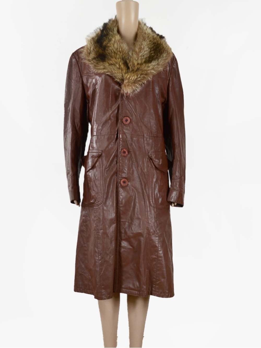 Vtg 60s 70s Brown Leather Trench Coat Genuine Fox Fur Collar Long Jacket Penny L